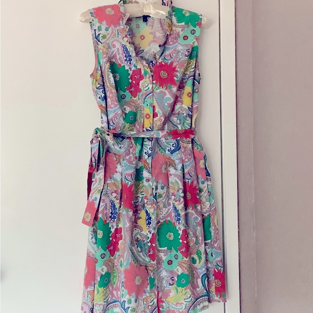 Talbots Floral Sleeveless Ruffle Collar Button Front Summer Dress (Size 8P)